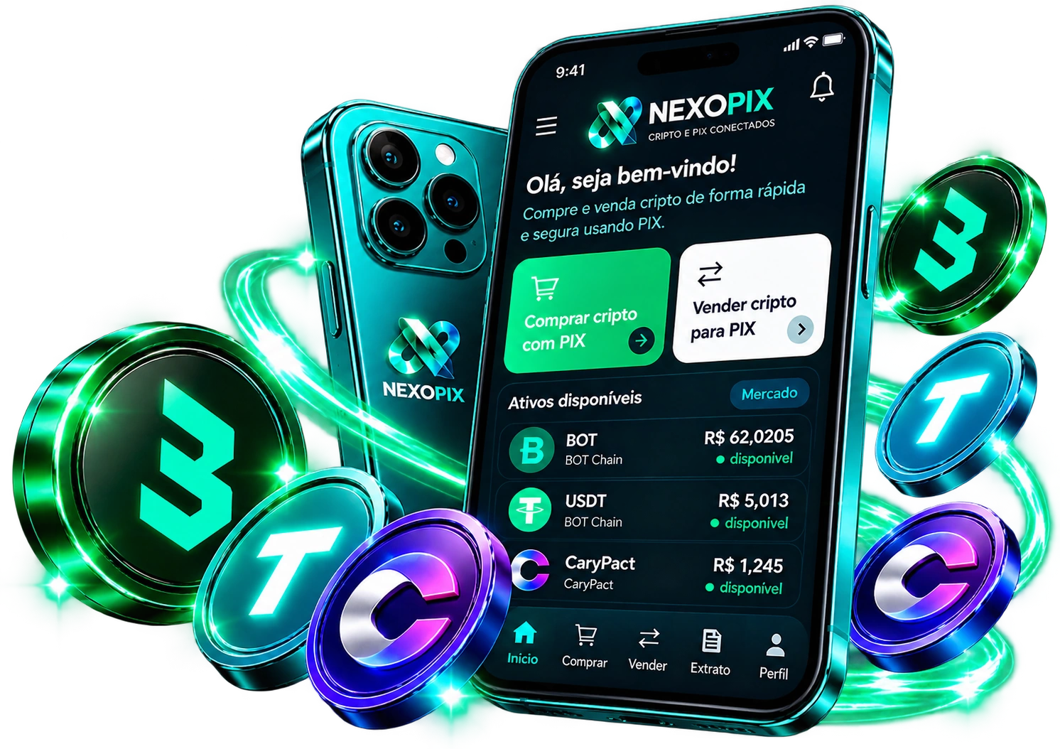 Ilustração NexoPix com celular e moedas digitais